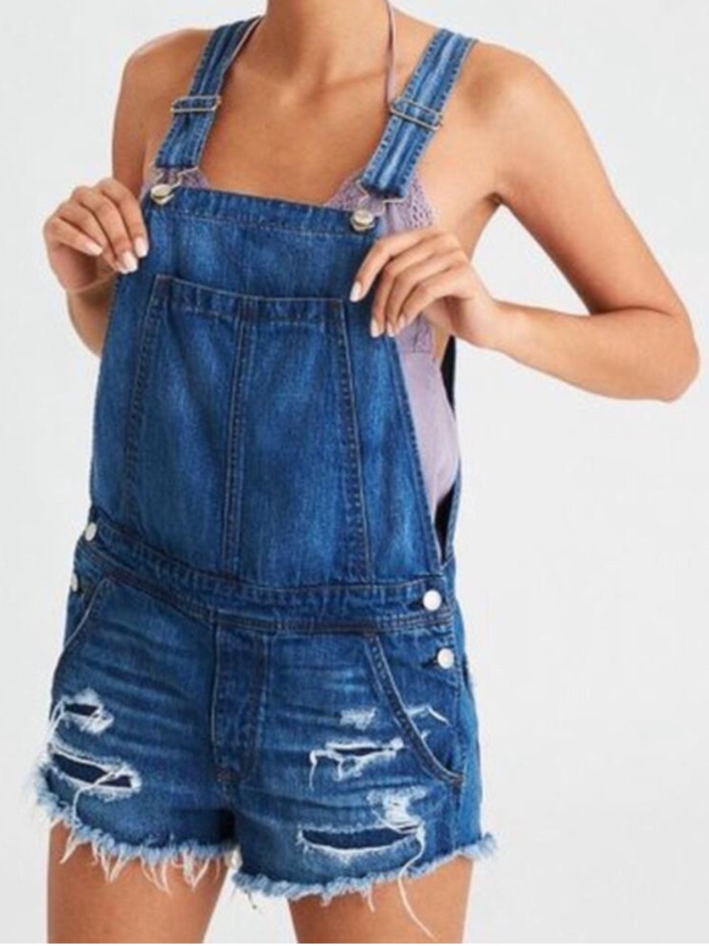 American Eagle AEO Distressed Denim Short Overalls Blue Size Small Festival Boho